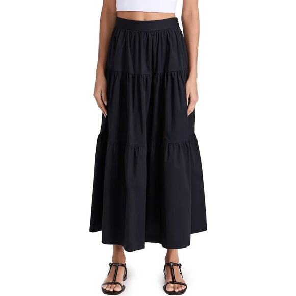 Staud Sea Skirt Black Tiered Volume Midi Cotton Poplin High Waist 4 Lightweight - Picture 3 of 8